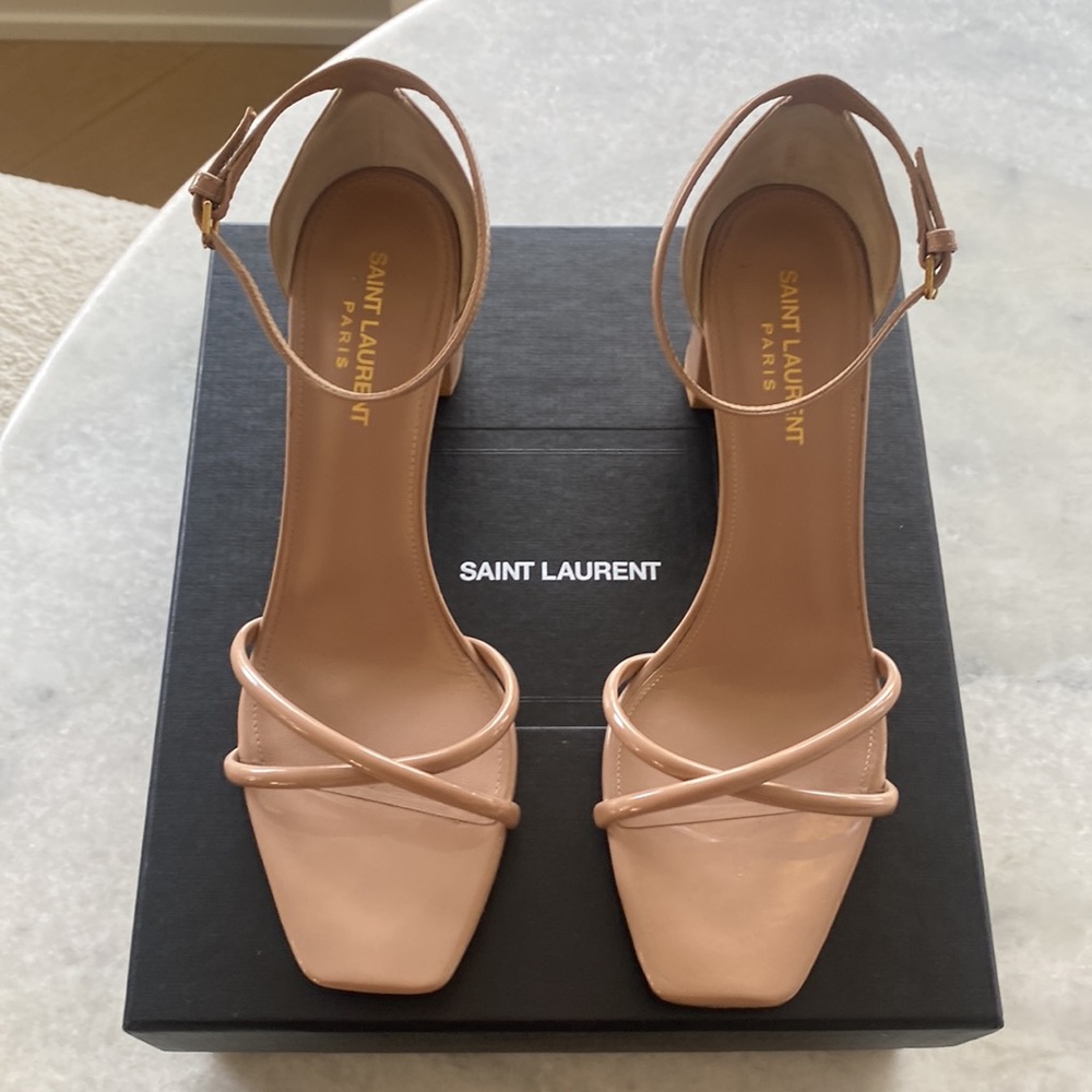 Authentic Saint Laurent Nude Patent Block Heel Sandal 👡